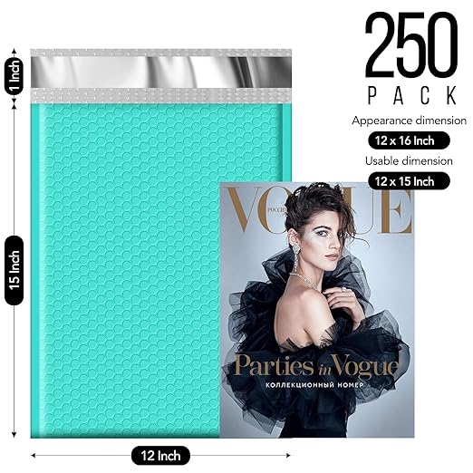 Fuxury Bubble Mailers 12x15" 250 Pack Padded Envelopes Large Padded Mailer Strong Adhesion,Self-Seal Envelope for Mailing Small Business,Magazine, Clothing, Teal