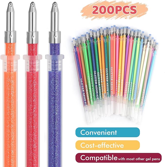 200 Colors Gel Pen Refills, Glitter Neon Gel Ink Pens Refills,Replace Cartridges for Gel Pens Set,9 Color Type for Adult Coloring Books Drawing Doodling Crafts Scrapbooking Journaling,No Repeats