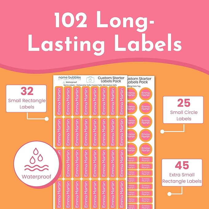 Name Bubbles - Basic Daycare Name Stickers for Kids (102 ct) Personalized Waterproof Name Labels for School Supplies, Clothing Tags, Baby Bottles, All Ages - Washable Stick-On Labels (Neutral Color)