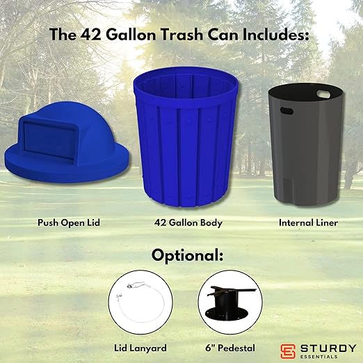 Campus Collection 42 Gallon Slatted Round Heavy-Duty Plastic Commercial Outdoor and Indoor Trash Can with Push Open Dome Lid and Internal Liner | Great for Schools and Businesses - Blue