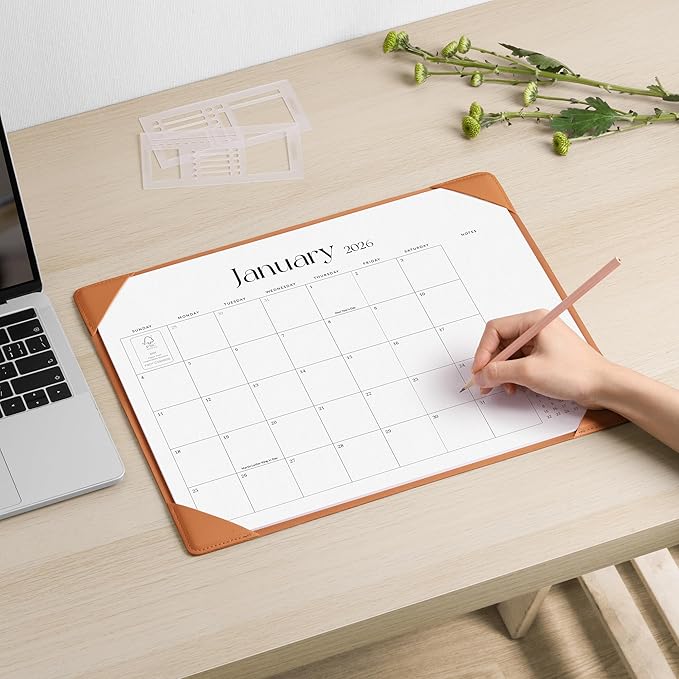 Cabbrix Desk Calendar 2026 with Desktop Mat, Simplified Medium Desk Pad Calendar 15" x 12" January 2026 to June 2027, Desk Blotter Calendar for Home School and Office (Brown)