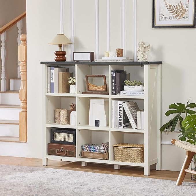 Joaxswe 9 Cube Bookcase, Farmhouse 47 Inch Wide White Bookshelf, Wooden 3 Tier Display Large Open Book Shelf, Vintage Horizontal Book Case for Home Office, Cubby Storage Cabinet for Living Room