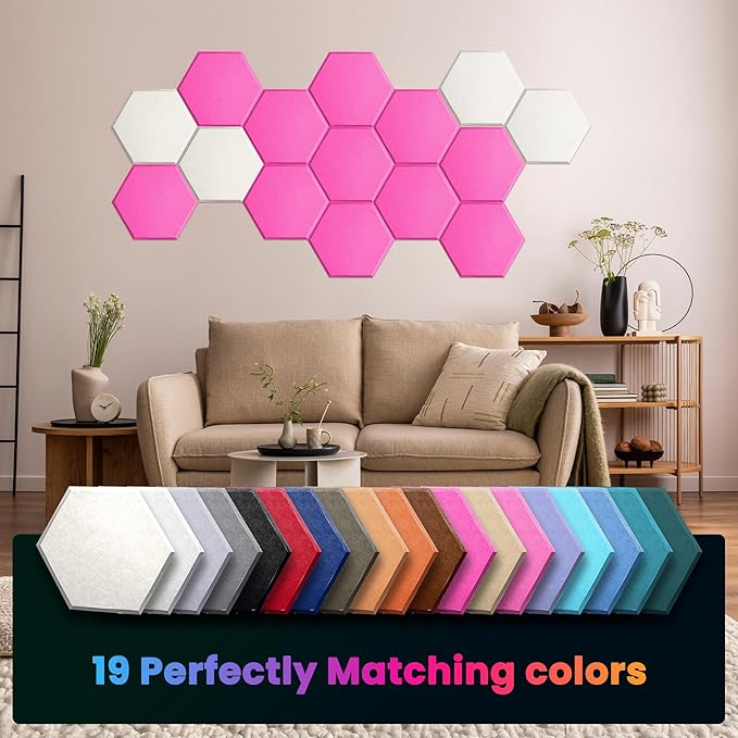 Acoustic Panels 12 Pack Soundproof Wall Panels, 14" X 12" X 0.4" Sound Proof Panles, High-Density Wall Decoration Sound Absorbing Panel, Hexagon Wall Panel for Home Office with Self-Adhesive (Pink)