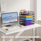 Cawukege 5 Tier Paper Organizer with Handle, Metal Mesh Desk Organizer File Folder Paper Letter Tray Desktop Document Sorter for Classroom, School, Office Accessories Organization and Storage - Black