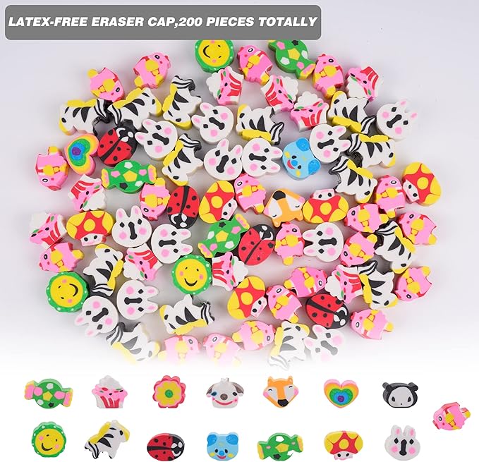 200 Pieces Cartoon Cute Animal Pencil Erasers Pencil Eraser Toppers Rabbit Zebra Mushroom Ladybug Pencils Caps for Students School Classroom Supplies