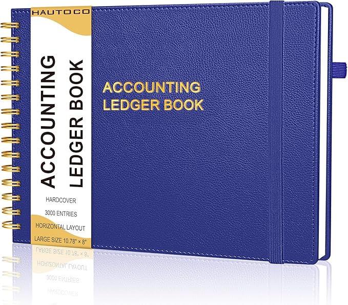 HAUTOCO Hardcover Accounting Ledger Book for Small Business Bookkeeping Horizontal Money Expense Tracker Notebook with 2 Storage Pouch, Personal Columnar Log Journal 10.78 x 8'', Navy Blue