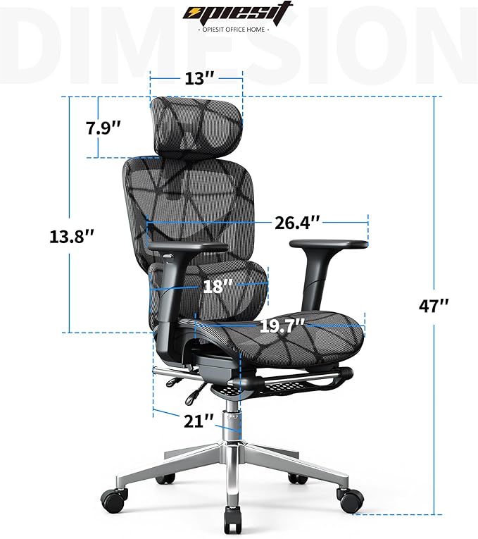 Opiesit Office Chair with 3D Adjustable Lumbar Support,Ergonomic Computer Chair,Adjustable Headrest and Armrests, 400lbs Capacity,Tilt-Swivel,Premium Mesh Desk Chair for Office,Home & Gaming (Black)