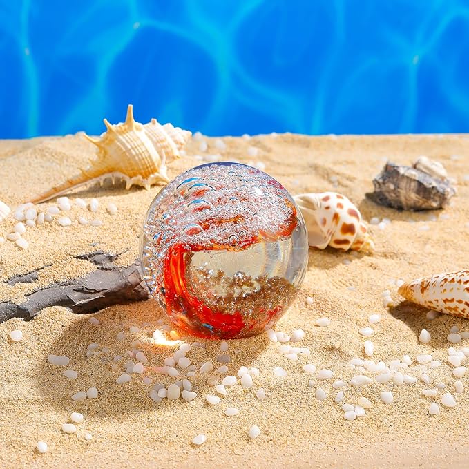Hand Blown Glass Figurines Ball Ocean Waves Paperweight Glass Ball for Ocean Lovers Red with Gold Light and White Bubble Ball Decoration for Home Office and Aquarium