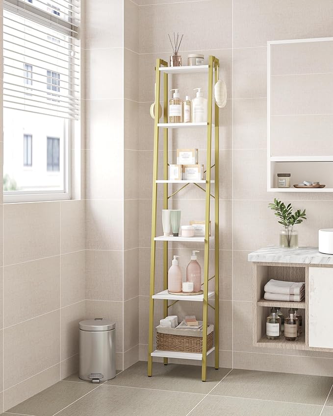 Hzuaneri Ladder Shelf, Bookshelf Bookcase, Freestanding Corner Storage Shelve with 2 Hooks for Home Office, Living Room, Kitchen, Bedroom, Industrial, 11.8" D x 13.4" W x 72.8" H,White Gold BC13313G