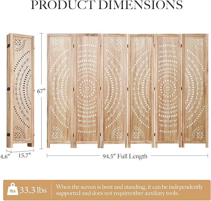 66.9Inch Folding Room Divider, 6 Panels Wood Carved Privacy Screens, Free Assembled Freestanding Partition for Home Office Restaurant Bedroom (Natural)
