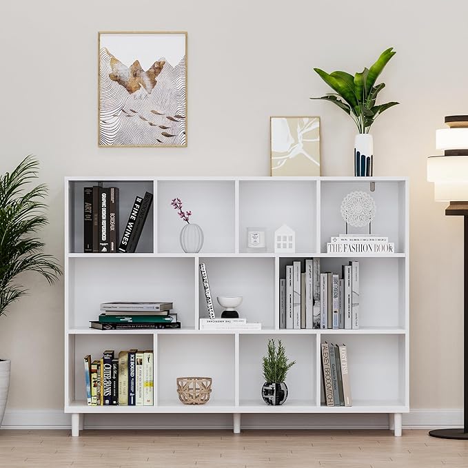 Chyanmoo Wood Cube Storage Organizer White Bookshelf - 3-Tier Freestanding Storage Cabinet with Legs for Home Office, 11-Cubes Open Shelf