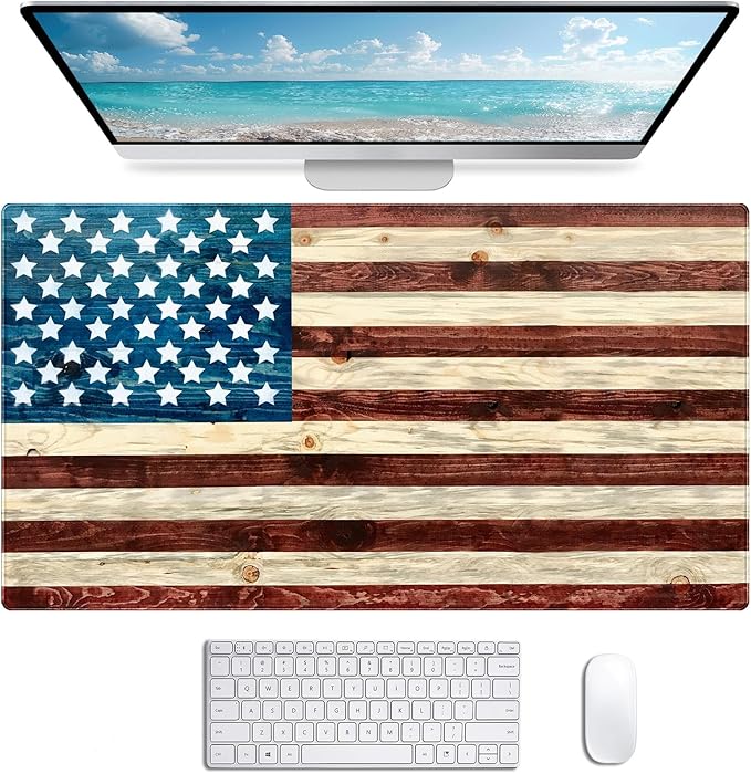 American Flag Wood Grain Computer Keyboard Pad, Cute Ladies' Office and Study Exclusive Full Table Extended Mouse Pad 35.4 x 15.7 Inches