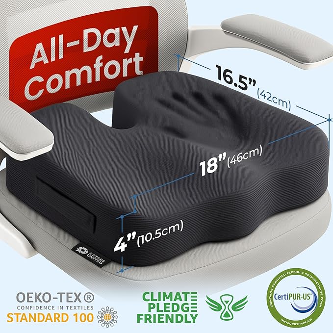 5 STARS UNITED Seat Cushion for Tailbone Pain Relief – Memory Foam Cushion for Coccyx, Hip, Sciatica & Post-Surgery Recovery – Wheelchair, Car, Desk, Gaming & Office Chairs, Black, X-Large