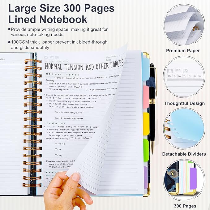 Spiral Journal Notebooks for Work, 300 Pages 5 Subject Notebook College Ruled with Dividers & Tabs, 8''x 10'' Large Notebook Journal for Women Students Note-Taking and Organizer (Navy Marble)