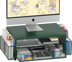 OPNICE Desk Organizers and Accessories, 2-Tier Computer Monitor Stand Riser with Drawer and 2 Pen Holders, Laptop Stand, Office Desk Accessories for Office Supplies, Dark Green