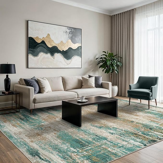 GENIMO 8x10 Area Rugs, Modern Living Room Rugs, Large Machine Washable Rug Non-Slip, Soft Pet Friendly Rugs for Bedroom, Playroom, Dining Room, Emerald Ripples