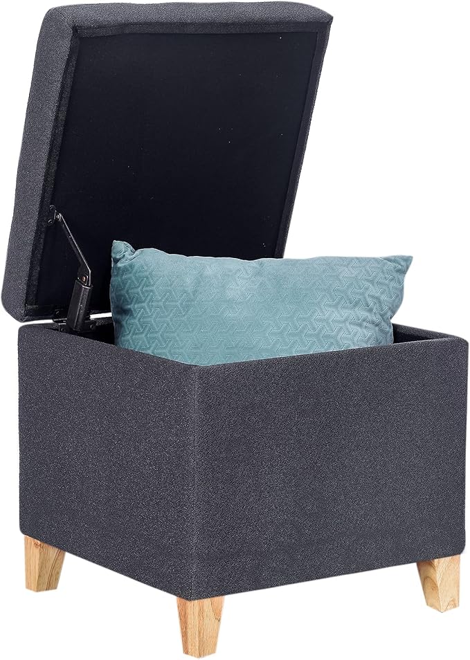 Homebeez Tufted Grainy Linen Fabric Storage Ottoman Square Cube Foot Rest Stool with Flip Top (Dark Gray)