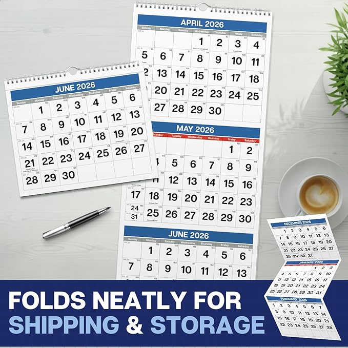 Dunwell 3-Month Wall Calendar 2026 (Blue), Large Monthly Hanging Calendar with Big Grid Numbers, Easy to Read Large Print, Use to Dec 2026, For Office or Home, 11x26 Open, Ships Folded