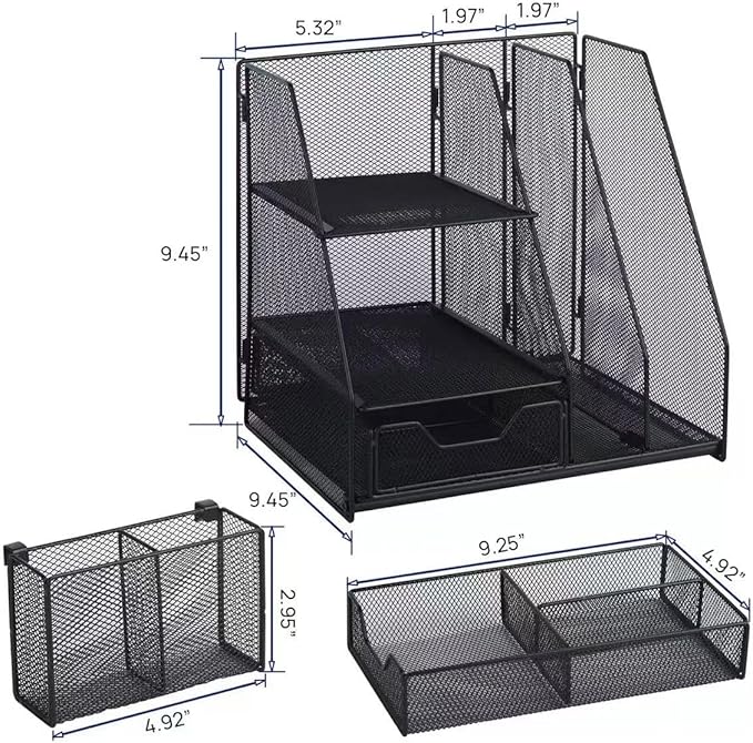 Black Mesh Desk Organizer Set, 3-in-1 Office Organizer with File Holder, Drawer & Accessories Tray, Multi-functional Desktop Storage for Stationery, Documents, Home & Office