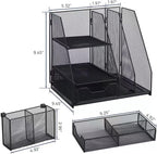 Black Mesh Desk Organizer Set, 3-in-1 Office Organizer with File Holder, Drawer & Accessories Tray, Multi-functional Desktop Storage for Stationery, Documents, Home & Office