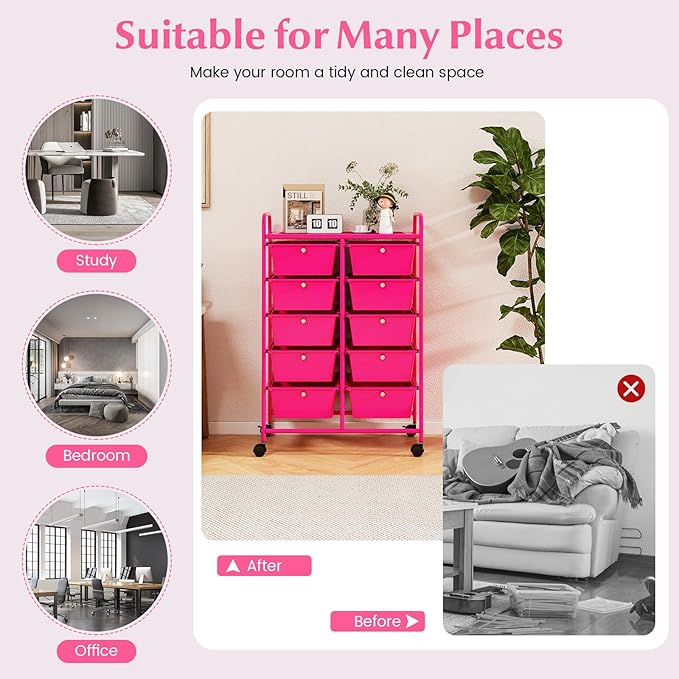 LDAILY 10 Drawer Rolling Cart, Storage Cart Organizer on Wheels, Drawer Cart with Metal Frame & Large Storage Capacity, Rolling Cart with Drawers for Living Room Classroom, Office