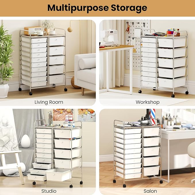 Giantex 15 Drawer Rolling Cart with Drawers, Storage Organizer Cart for Classroom Office School Teacher, Mobile Drawer Cart for Tools, Crafts, Small Printer, Ivory