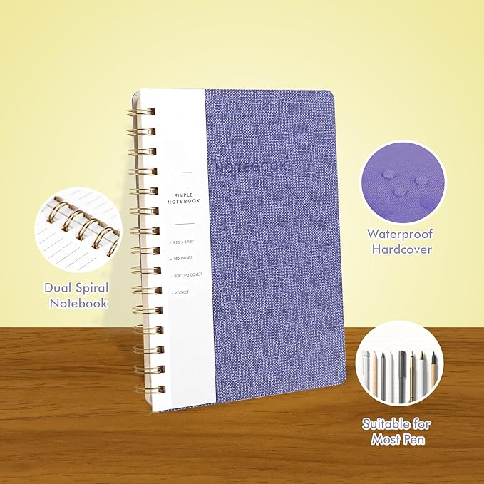 Spiral Notebook-5.75" x 8.125" College Ruled Journal with Inner Pockets and 160 Pages,PU Leather Cover Business Journal, Twin-Wire Binding Notebook Perfect for Office & Home School Supplies 3 pack ArmyGreen/Violet/LightYellow