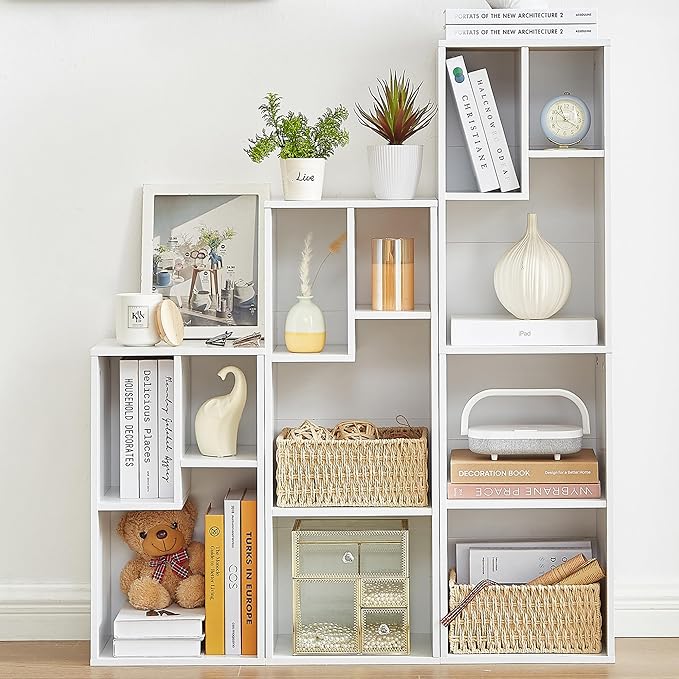 VECELO Narrow Bookshelf Set, Fits 9.3" × 10-12.8" Hardcovers, Cube Storage Bookcases, Free-Standing for Living Room, Bedroom, Home Office, 2/3/4-Tier, 3-Pack, White