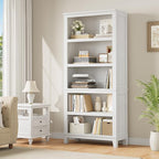 IDEALHOUSE 71" Farmhouse Bookshelf w/Adjustable Shelves & 31.5 in Whidth, 5 Tier Tall Bookshelf with Wooden Legs, Vintage Wooedn Book Shelf for Living Room Office (White, 71.3" H x 31.5" W x 11.8" D)