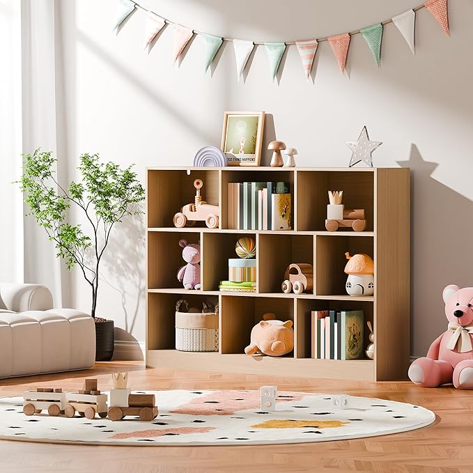 Cozy Castle Oak Bookshelf, 3-Tier Open Shelf Bookcase, 10 Cube Storage Organizer with Anti-Tilt Device, Freestanding Horizontal Bookshelf Cube Shelf for Bedroom, Living Room