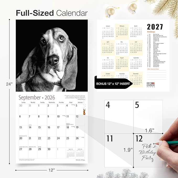 RED EMBER Portraits of Dogs 2026 Wall Calendar 12 Month | 12" x 24" Open | Thick & Sturdy Paper | Holiday Gift | Art Cute Puppy Dog Calendar 2026