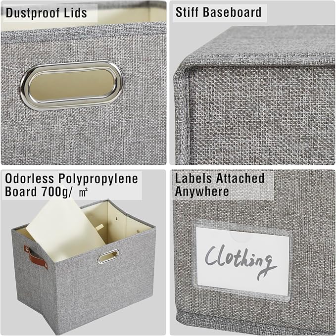 Roobyl 17" Large Collapsible Storage Bins with Lids, Stackable Closet Organizers with PU Handle and Labels, 3-Pack Decorative Fabric Storage Boxes for Home, Bedroom, Closet, Office, Nursery(Gray)