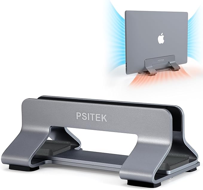 Psitek Aluminum Vertical Laptop Stand Dock Holder, Adjustable Slot Width 12-42mm, Space-Saving Upright Storage for MacBook and Laptops