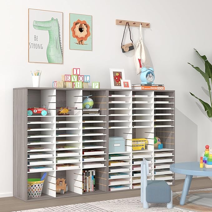 EasyPAG Wooden Literature Organizer with Adjustable Shelves, 36 Compartments Office Paper Organizer Storage 18000 Sheets Letter Size Paper, Student Mailbox for Classroom, Retro Gray/White