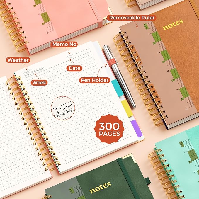 XYark Line Hardcover Spiral Notebook with Removable Dividers Tabs & Ruler, 5 Subject Notebook College Ruled, 300 Page, Large 8"x10" B5 Notebooks for Work School, Lined Journal for Women & Men, Orange
