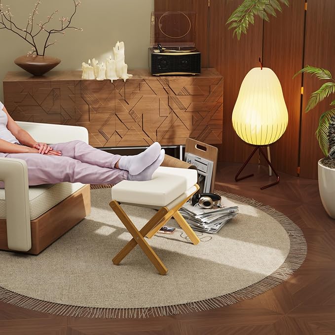BAMBOOHOMIE Foldable Foot Stool Ottoman, Modern Foot Rest with Bamboo X Legs & Thick Foam Cushion, Folding Foot Stools Small Padded for Bedroom Living Room, Footstool for Chair Couch (Natural - Beige)