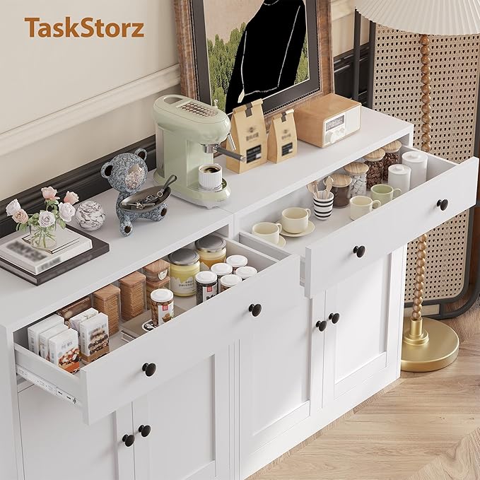TaskStorz Metal Storage Cabinet with 2 Doors and 1 Drawer，Farmhouse Buffet Cabinet with Storage，32.3" H Coffee Bar Cabinet with Storage for Kitchen, Dining Room, Hallway, White