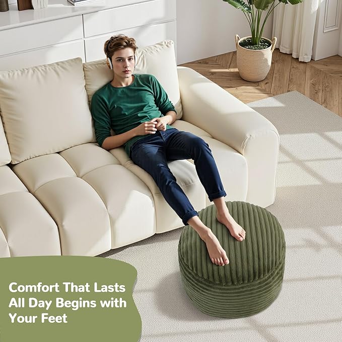 MeMoreCool Stuffed Round Pouf Ottoman Foot Rest, Soft Plush Floor Pouf Foot Stool, Corduray Footstool Footrest, Small Round Ottoman for Living Room Couch Sofa Chair, 20x15 Inch Green