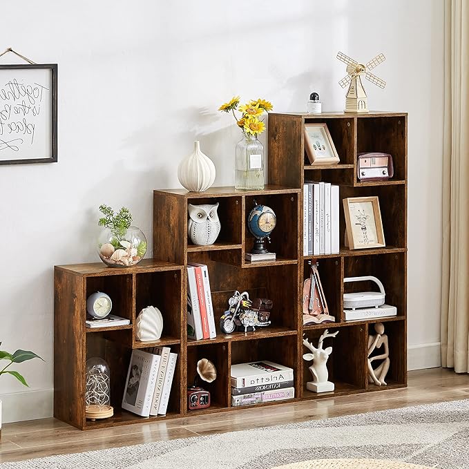 VECELO Wide Bookshelf Set, Fits 9.3" × 10-12.8" Hardcovers, Cube Storage Bookcases, Free-Standing for Living Room, Bedroom, Home Office, 2/3/4-Tier, 3-Pack, Brown