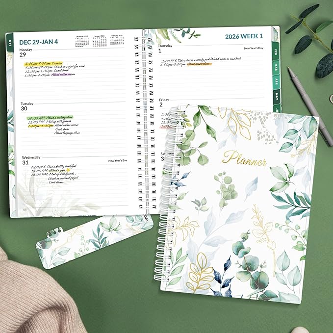 SUNEE 2026 Weekly and Monthly Planner - from January 2026 - December 2026, Daily Agenda Planner with Monthly Tab, Flexible Cover, Note Pages, Pockets, Bookmark, Spiral Binding, Greenery, 6.4" x 8.3"