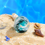 Hand Blown Glass Ball Ocean Waves Paperweight Sea Glass Decor Crystal Bubble Ball for Bedroom Home Office Aquarium (Dark Blue)