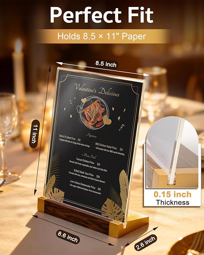 1 Pack Acrylic Sign Holder 8.5 x 11 Inch with Walnut Wood Base, Clear Tabletop Acrylic Display for Menu & Flyer Holder, Commercial Table Frames for Restaurant, Office, Coffee, Bar, Wedding, Hotel
