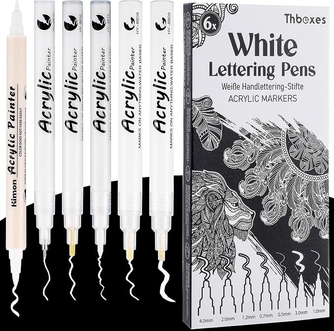 Thboxes White Pens Set, 6 Pcs Acrylic Paint Pens Dual-Tip Marker Fineliner Brush Pen Quick-Drying Waterproof White Ink Pen for Black Paper Drawing Sketching Clothes Wood Glass Ceramic Stone