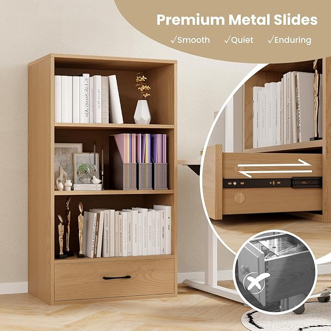 LOKO 4-Tier Bookcase with Storage Drawer, Modern Organizer Display Storage Shelves with Anti-toppling Device, Freestanding Bookshelf w/ 3 Open Shelves & 1 Drawer, Living Room, Study, Office (Natural)