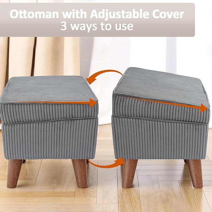 FAGAGA Storage Ottoman with Adjustable Lid, Soft Step Stool, Footrest and Seat, Ottoman Foot Rest for Living Room, Bedroom, Dorm, Light Gray