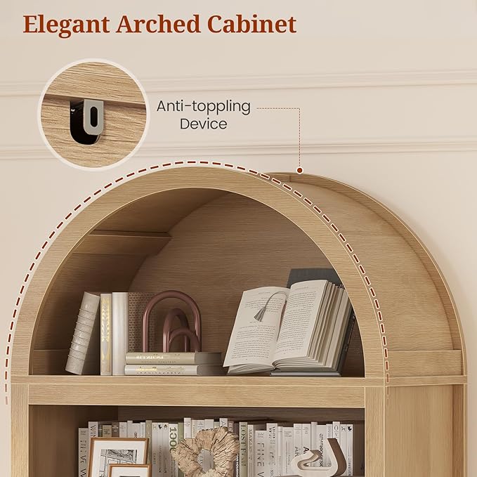 81" Tall Arched Cabinets,Bookcase with Drawer storage,Mid-Century Modern 5-Tier Bookshelf,2 Book Risers and Adjustable Shelves offering more storage space for Living Room,Kitchen,Home Office,Oak