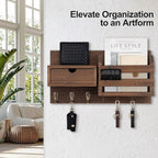Lwenki Wall Mount Key Holder with Mail Organizer, 100% Paulownia Wood, 7 Metal Hooks, Storage Drawer, Entryway Home Decor (Brown)