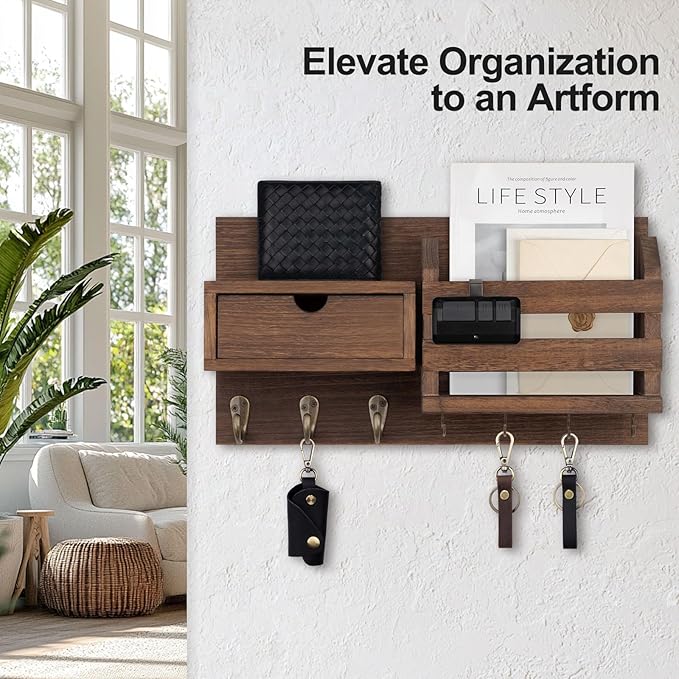 Lwenki Wall Mount Key Holder with Mail Organizer, 100% Paulownia Wood, 7 Metal Hooks, Storage Drawer, Entryway Home Decor (Brown)