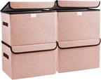 Bagnizer Linen Fabric Foldable Storage Cube Bin Organizer Basket with Flip-Top Lid & Handles, Large Clothes Blanket Box for Home, Office, Closet, Pink, 4 Pack 14.6 x 9.5 x 9.5”