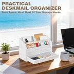 SeekElegant Wood Mail Organizer with Drawer & Pen Holder, White Mail Holder with 5 Detachable Compartments, Desk Organizer for Bill Envelope Storage, for Office Entryway Kitchen Countertop